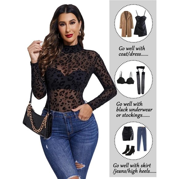 Women's Turtleneck Bodysuit Sheer Mesh Shirt Tops Stretchy Mesh Fitted Shirt Top - Picture 3 of 6